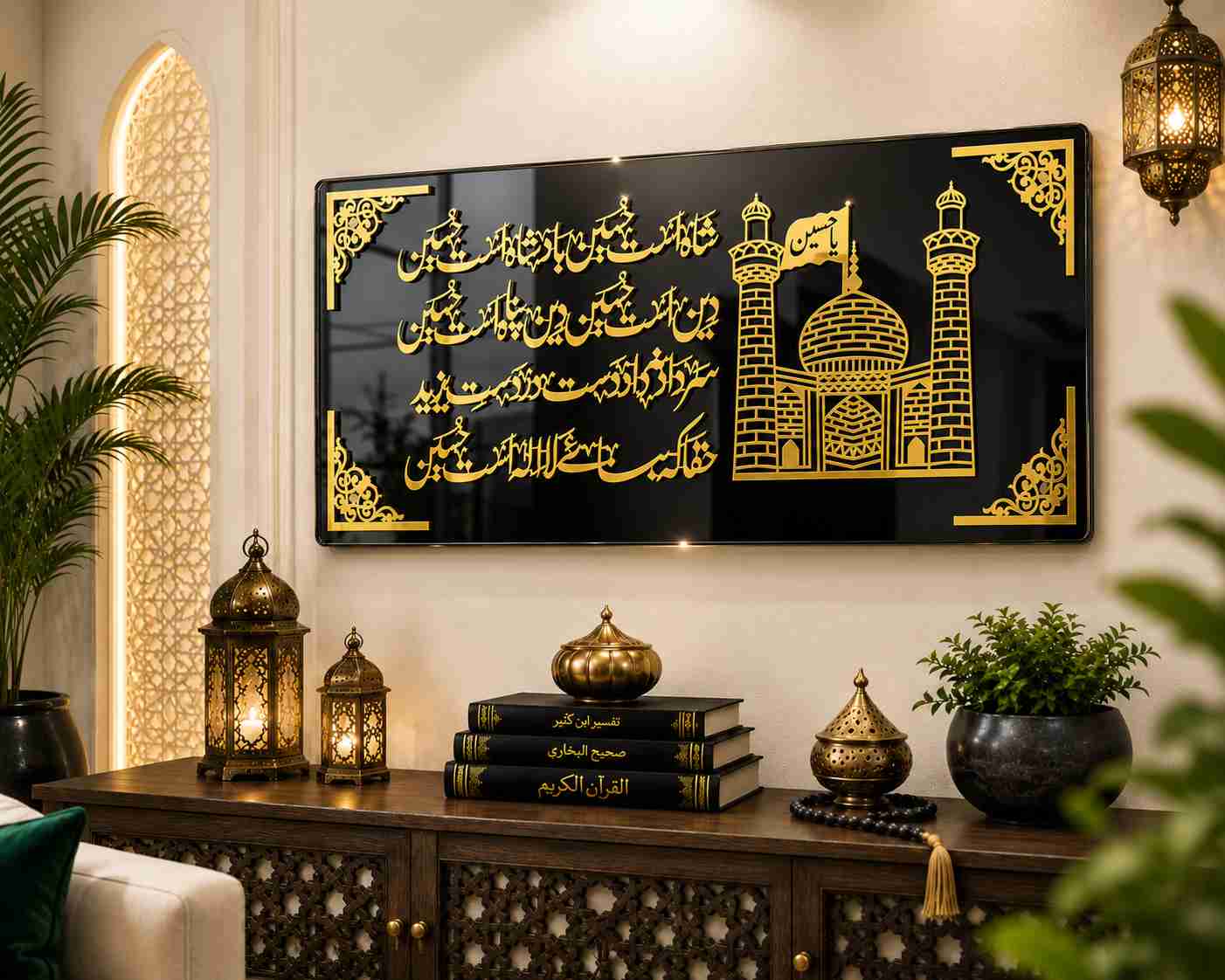 Ya Hussain Islamic Calligraphy with Shrine Design – Black & Golden Acrylic Premium Islamic Wall Art By  Zapra Zone
